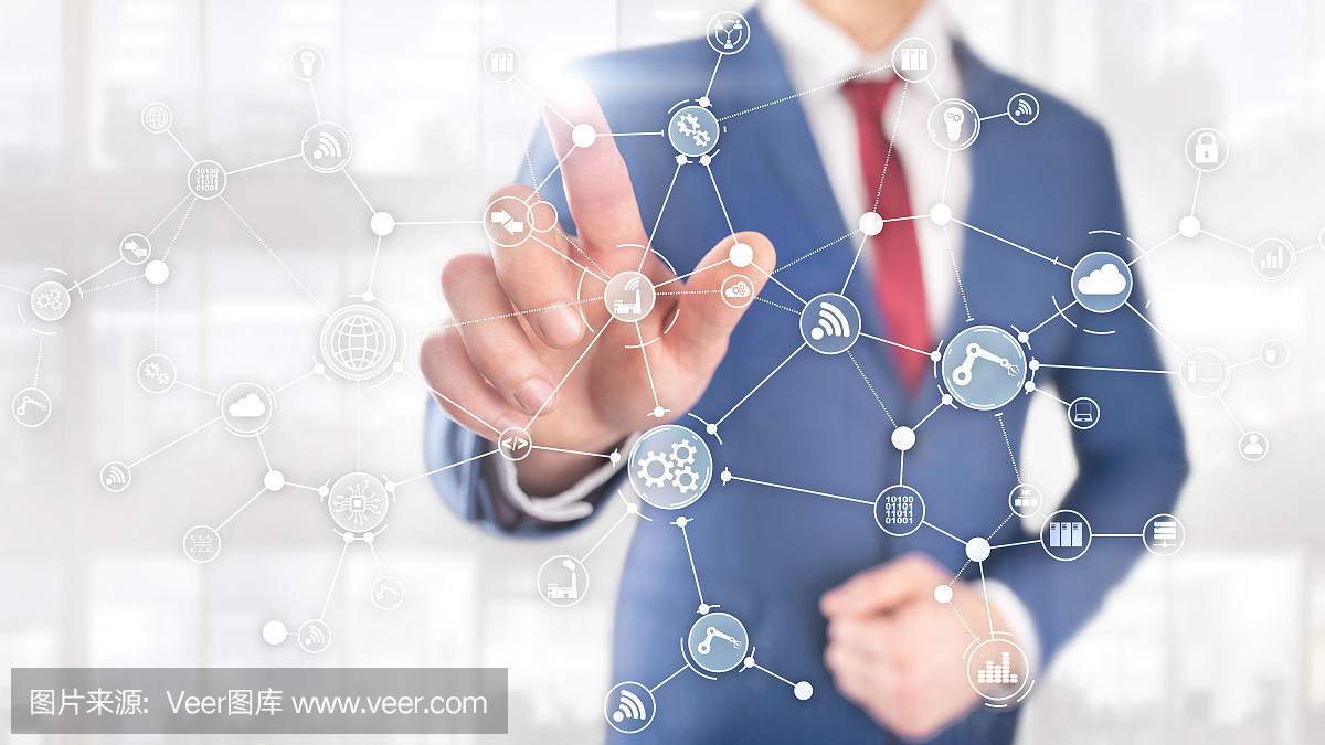 虛擬屏幕上的技術工業業務流程工作流組織結構。物聯網智能行業概念混合媒體圖。